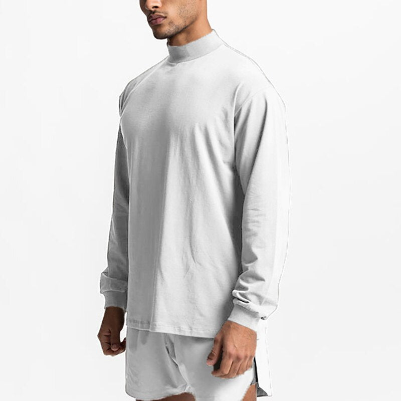 Oversized Drop Shoulders Mock Neck Long Sleeve T shirt Mens Autumn Cotton Loose Gym Clothing Bodybuilding Shirt Fitness T-shirt