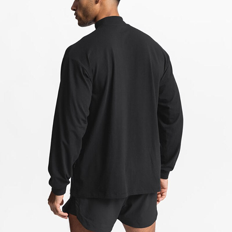 Oversized Drop Shoulders Mock Neck Long Sleeve T shirt Mens Autumn Cotton Loose Gym Clothing Bodybuilding Shirt Fitness T-shirt