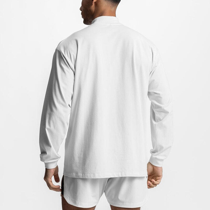 Oversized Drop Shoulders Mock Neck Long Sleeve T shirt Mens Autumn Cotton Loose Gym Clothing Bodybuilding Shirt Fitness T-shirt