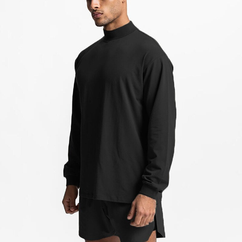 Oversized Drop Shoulders Mock Neck Long Sleeve T shirt Mens Autumn Cotton Loose Gym Clothing Bodybuilding Shirt Fitness T-shirt