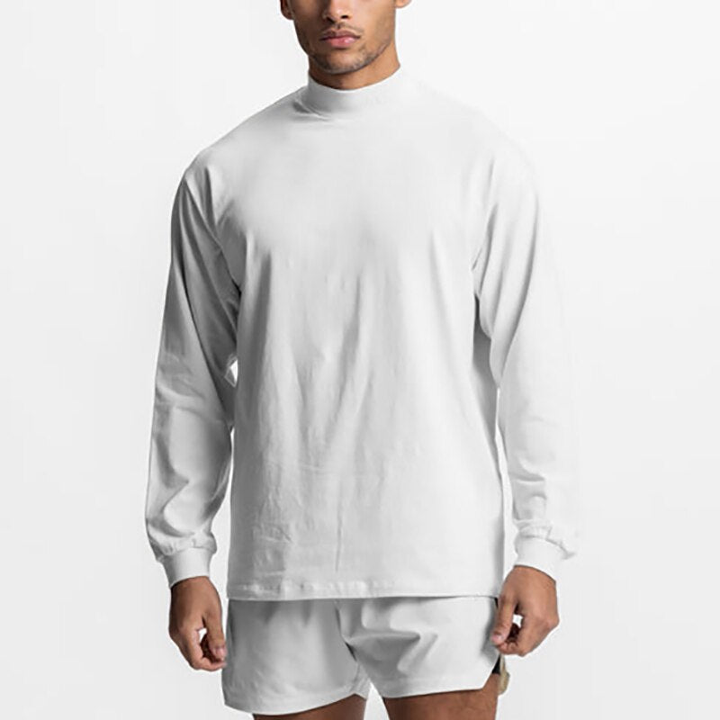 Oversized Drop Shoulders Mock Neck Long Sleeve T shirt Mens Autumn Cotton Loose Gym Clothing Bodybuilding Shirt Fitness T-shirt