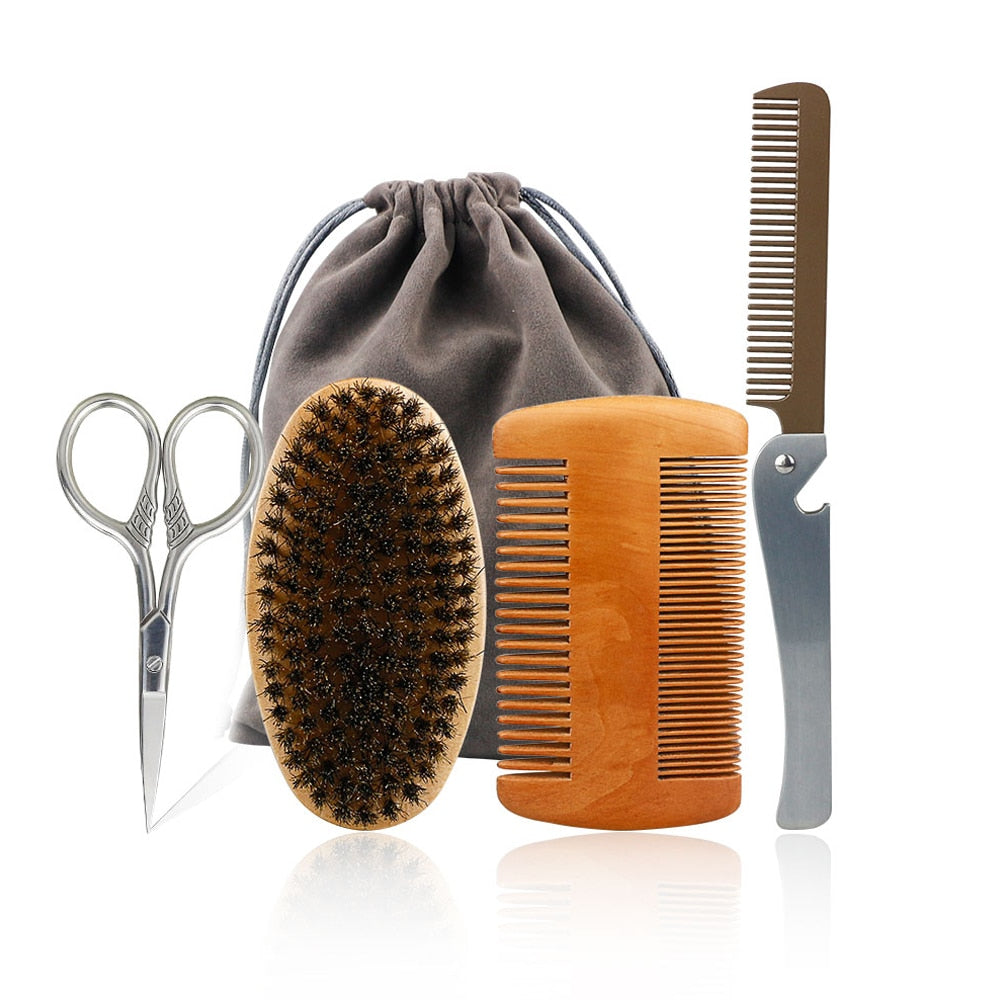 Professional Soft Boar Bristle Wood Beard Brush Hairdresser Shaving Brush Comb Men Mustache Comb Kit With Gift Bag Hair Comb Set