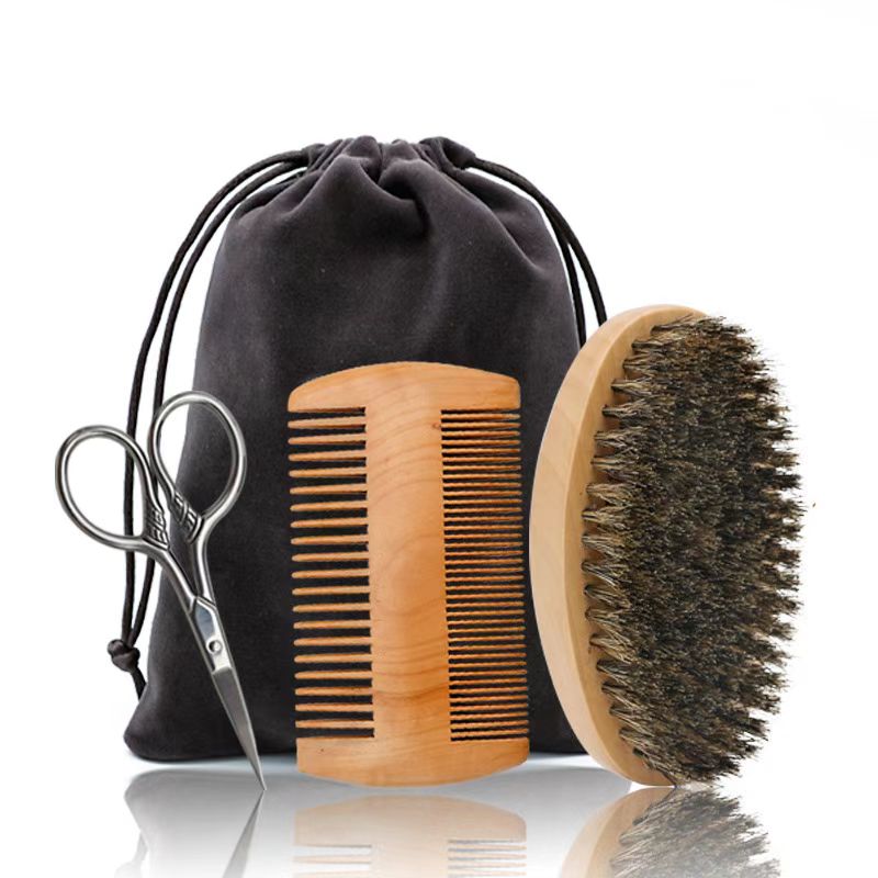 Professional Soft Boar Bristle Wood Beard Brush Hairdresser Shaving Brush Comb Men Mustache Comb Kit With Gift Bag Hair Comb Set