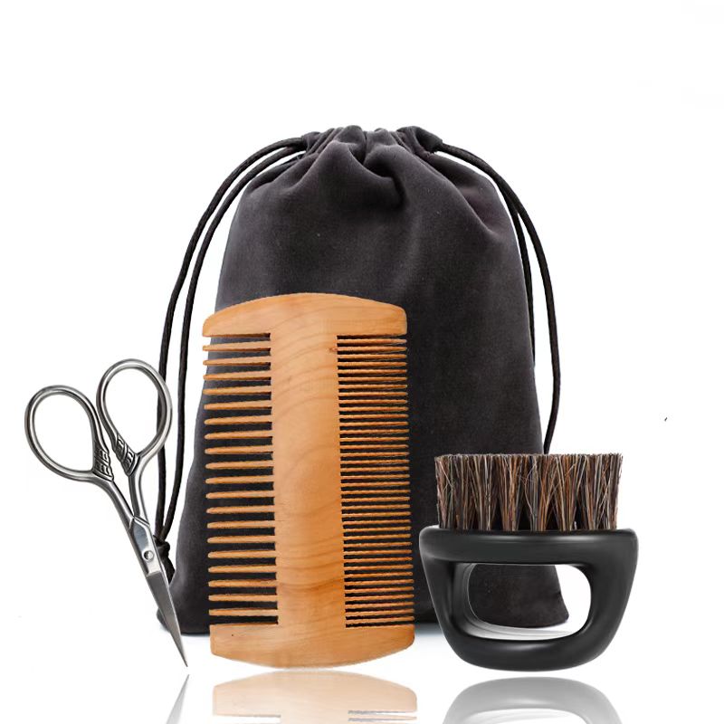 Professional Soft Boar Bristle Wood Beard Brush Hairdresser Shaving Brush Comb Men Mustache Comb Kit With Gift Bag Hair Comb Set