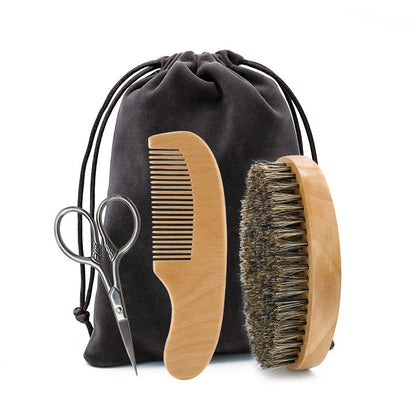 Professional Soft Boar Bristle Wood Beard Brush Hairdresser Shaving Brush Comb Men Mustache Comb Kit With Gift Bag Hair Comb Set