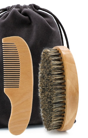 Professional Soft Boar Bristle Wood Beard Brush Hairdresser Shaving Brush Comb Men Mustache Comb Kit With Gift Bag Hair Comb Set
