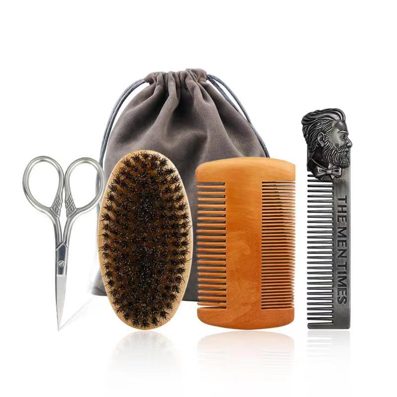 Professional Soft Boar Bristle Wood Beard Brush Hairdresser Shaving Brush Comb Men Mustache Comb Kit With Gift Bag Hair Comb Set