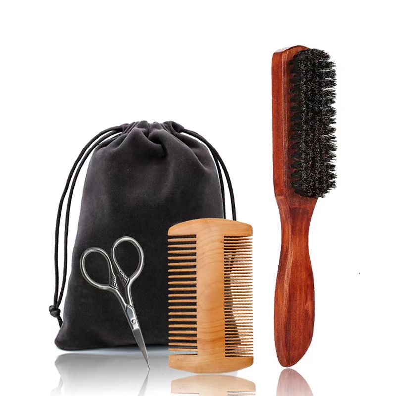 Professional Soft Boar Bristle Wood Beard Brush Hairdresser Shaving Brush Comb Men Mustache Comb Kit With Gift Bag Hair Comb Set