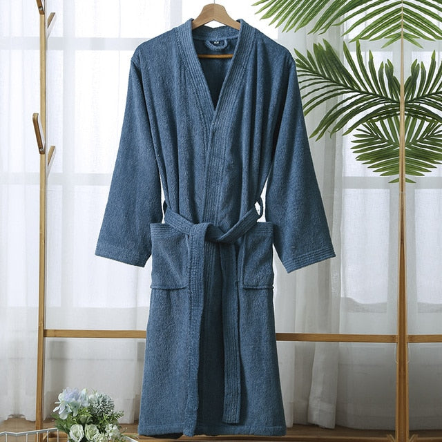100% Cotton Bathrobe for Men Long Thick Absorbent Terry Bath Robe Kimono Men Towel Bathrobe Solid Sleepwear Women Dressing Gown