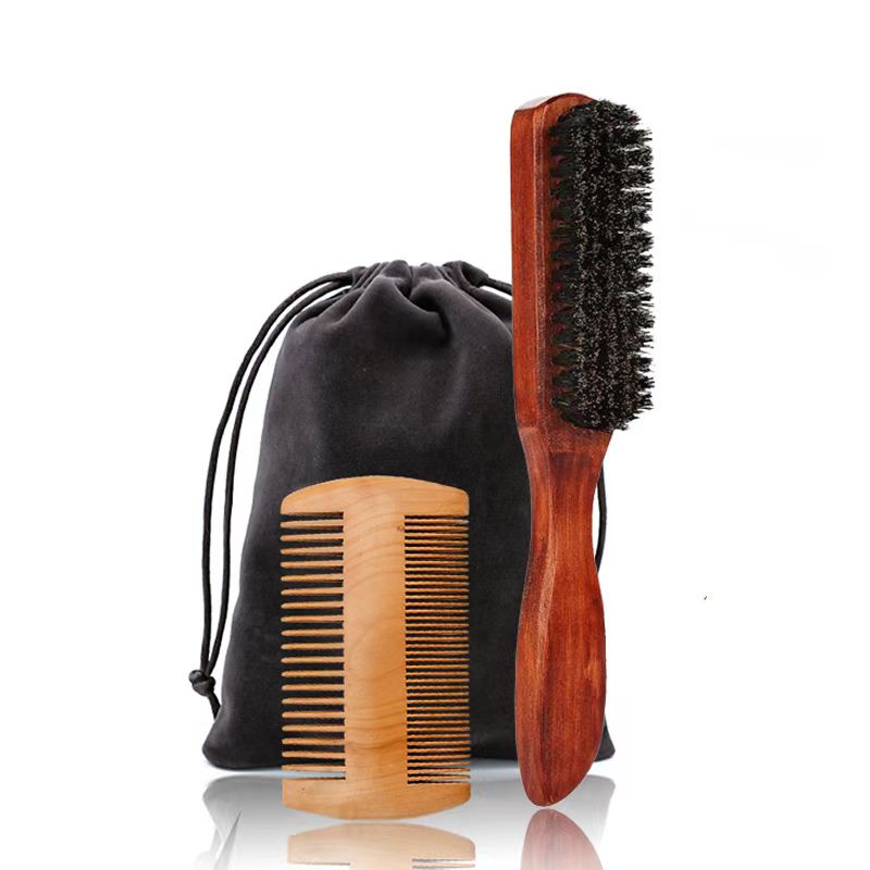 Professional Soft Boar Bristle Wood Beard Brush Hairdresser Shaving Brush Comb Men Mustache Comb Kit With Gift Bag Hair Comb Set