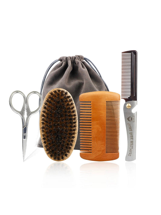 Professional Soft Boar Bristle Wood Beard Brush Hairdresser Shaving Brush Comb Men Mustache Comb Kit With Gift Bag Hair Comb Set