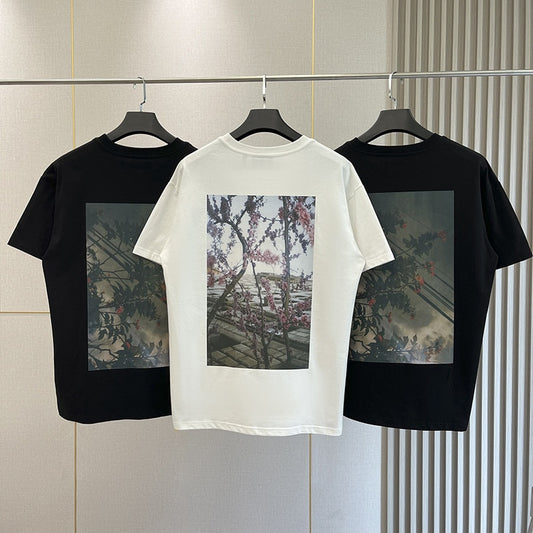 Summer High Quality Essentials T-shirts High Street Flower Print 100% Cotton Hip Hop Loose Men's and Women's Oversized Tees