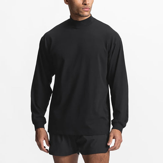 Oversized Drop Shoulders Mock Neck Long Sleeve T shirt Mens Autumn Cotton Loose Gym Clothing Bodybuilding Shirt Fitness T-shirt